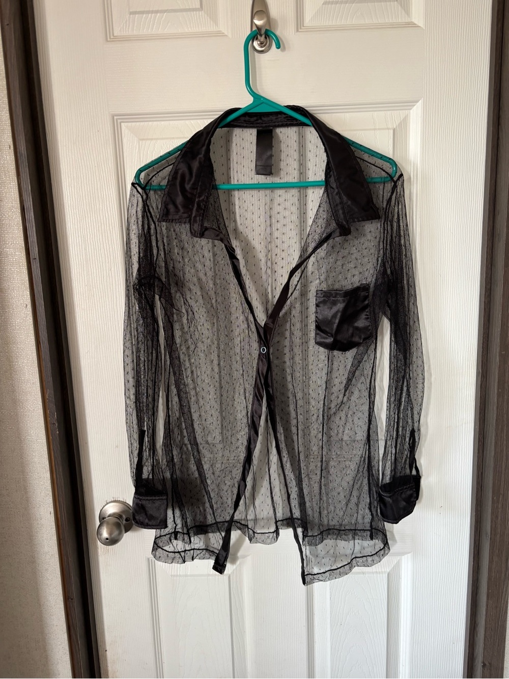 Sheer Black Dot-Pattern Button-Up Sleep Shirt